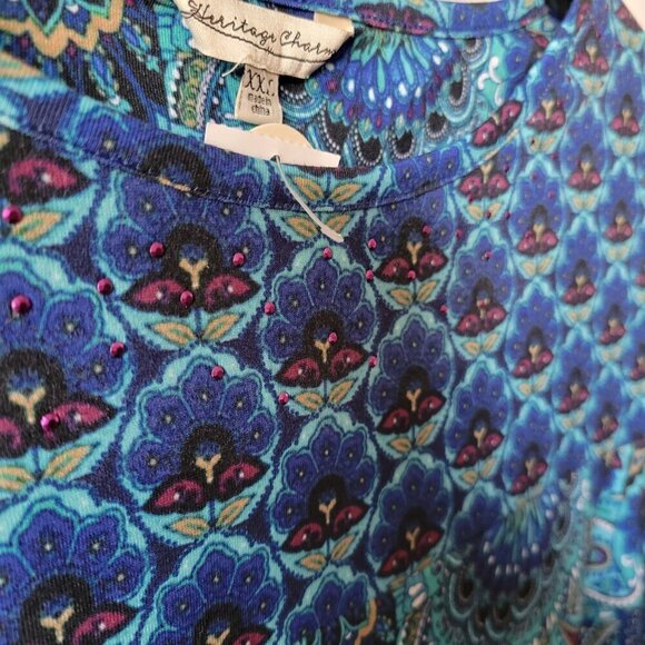 NEW Heritage Charm XXL 2X Plus Peacock Print Top rhinestones pullover NWT blouse - Picture 8 of 11